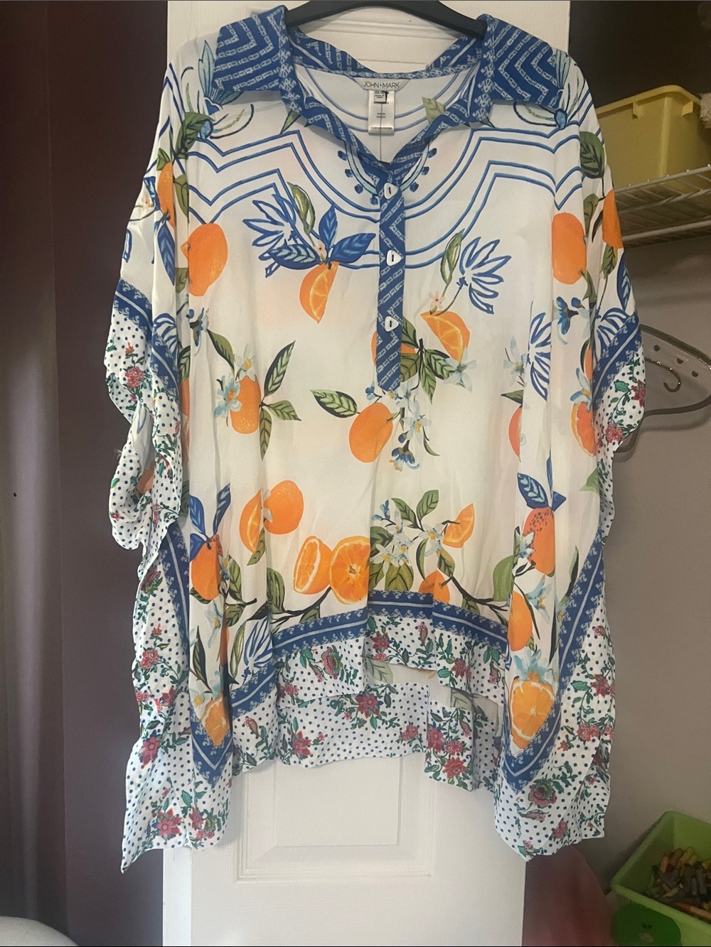 John Mark White Top with Blue Trim & Orange Citrus Print